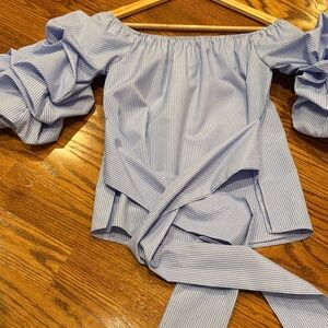 Design Lab Lord & Taylor Blue Striped Off-Shoulder Blouse